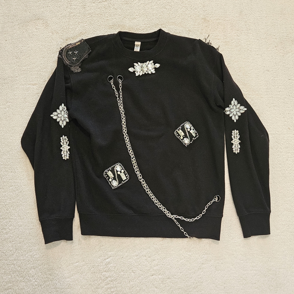 Bobby Carr Black Embellished Crewneck Sweatshirt Size S Crystals Whimsigoth - Picture 2 of 10